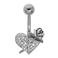 Piercing nombril en Acier chirurgical 316L et Argent 925 avec Cristal. Pas-de-vis:1,6mm. Longueur de la tige:10mm. Boule de fermeture:5mm.  Coeur Amour Rose Feuille Motif floral Fleur