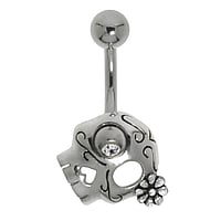 Bellypiercing out of Surgical Steel 316L and Silver 925 with Enamel and Crystal. Thread:1,6mm. Bar length:10mm. Closure ball:5mm.  Skull Skeleton Flower