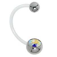 Pregnancy piercing out of Bioplast and Stainless Steel with Crystal. Closure ball:5mm. Bar length:30mm. Thread:1,6mm. Bar length:30mm. Closure ball:5mm. Ideal for belly piercing, during pregnancy.