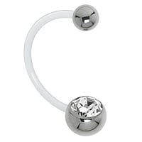 Pregnancy piercing out of Bioplast and Stainless Steel with Crystal. Closure ball:5mm. Bar length:30mm. Thread:1,6mm. Bar length:30mm. Closure ball:5mm. Ideal for belly piercing, during pregnancy.