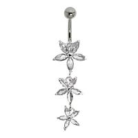 Bauchpiercing aus Chirurgenstahl 316L und Silber 925 mit Kristall. Gewinde:1,6mm. Stablnge:10mm. Verschlusskugel:5mm. Stein(e) durch Fassung fixiert.  Blume