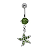 Bellypiercing out of Surgical Steel 316L and Silver 925 with Crystal. Thread:1,6mm. Bar length:10mm. Closure ball:5mm. Stone(s) are fixed in setting.  Starfish
