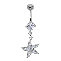 Bellypiercing out of Surgical Steel 316L and Silver 925 with Crystal. Thread:1,6mm. Bar length:10mm. Closure ball:5mm. Stone(s) are fixed in setting.  Starfish