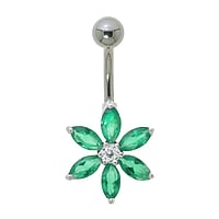 Bauchpiercing aus Chirurgenstahl 316L und Silber 925 mit Zirkonia. Gewinde:1,6mm. Stablnge:10mm. Breite:14mm. Verschlusskugel:5mm. Stein(e) durch Fassung fixiert.  Blume