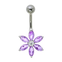Bellypiercing out of Surgical Steel 316L and Silver 925 with zirconia. Thread:1,6mm. Bar length:10mm. Width:14mm. Closure ball:5mm. Stone(s) are fixed in setting.  Flower