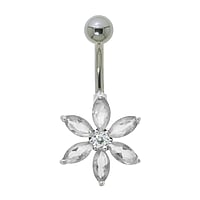 Piercing nombril en Acier chirurgical 316L et Argent 925 avec Zircon. Pas-de-vis:1,6mm. Longueur de la tige:10mm. Largeur:14mm. Boule de fermeture:5mm. Pierre(s) fixe(s) par la monture.  Fleur