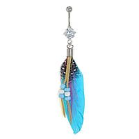 Bellypiercing out of Surgical Steel 316L and Rhodium plated brass with Crystal, Duck feathers, Synthetic leather and Plastic. Thread:1,6mm. Closure ball:5mm.  Feather