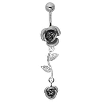 Piercing nombril en Acier chirurgical 316L et Argent 925. Pas-de-vis:1,6mm. Longueur de la tige:10mm. Boule de fermeture:5mm.  Rose Fleur Feuille Motif floral