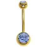 Gold plated belly piercing out of Surgical Steel 316L with PVD-coating (gold color) and Premium crystal. Thread:1,6mm. Bar length:12mm. Closure ball:5mm.
