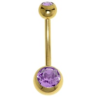 Gold plated belly piercing out of Surgical Steel 316L with PVD-coating (gold color) and Premium crystal. Thread:1,6mm. Bar length:12mm. Closure ball:5mm.