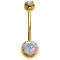 Vergoldetes Bauchpiercing aus Chirurgenstahl 316L mit PVD Beschichtung (goldfarbig) und Premium Kristall. Gewinde:1,6mm. Stablnge:12mm. Verschlusskugel:5mm.