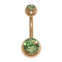 Vergoldetes Bauchpiercing aus Chirurgenstahl 316L mit PVD Beschichtung (goldfarbig) und Premium Kristall. Gewinde:1,6mm. Stablnge:8mm. Verschlusskugel:5mm. Glnzend.