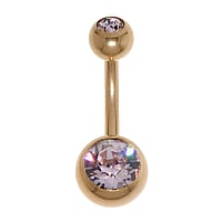 Gold plated belly piercing out of Surgical Steel 316L with PVD-coating (gold color) and Premium crystal. Thread:1,6mm. Bar length:8mm. Closure ball:5mm. Shiny.