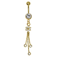 Gold plated belly piercing out of Surgical Steel 316L with Crystal and PVD-coating (gold color). Thread:1,6mm. Bar length:10mm. Closure ball:5mm. Stone(s) are fixed in setting.  Flower