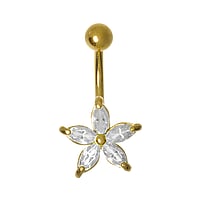 Gold plated belly piercing out of Rhodium plated brass with zirconia and PVD-coating (gold color). Thread:1,6mm. Bar length:10mm. Closure ball:5mm. Stone(s) are fixed in setting.  Flower