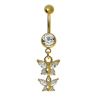 Gold plated belly piercing out of Surgical Steel 316L with zirconia and PVD-coating (gold color). Thread:1,6mm. Bar length:10mm. Closure ball:5mm.  Butterfly
