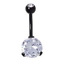 Bellypiercing out of Surgical Steel 316L with Black PVD-coating, zirconia and Crystal. Thread:1,6mm. Bar length:10mm. Diameter:10mm. Closure ball:5mm. Stone(s) are fixed in setting.