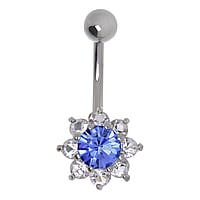 Bellypiercing out of Surgical Steel 316L and Rhodium plated brass with Crystal. Thread:1,6mm. Bar length:10mm. Closure ball:5mm. Stone(s) are fixed in setting.  Flower