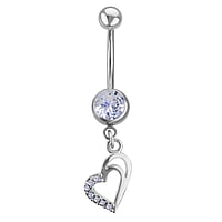 Bellypiercing out of Surgical Steel 316L and Rhodium plated brass with Crystal. Thread:1,6mm. Width:12mm. Bar length:12mm. Closure ball:5mm.  Heart Love