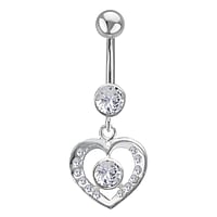 Piercing nombril en Acier chirurgical 316L et Argent 925 avec Cristal. Pas-de-vis:1,6mm. Largeur:13mm. Longueur de la tige:10mm. Boule de fermeture:5mm.  Coeur Amour