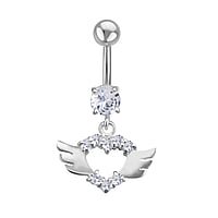 Bellypiercing out of Surgical Steel 316L and Silver 925 with zirconia. Thread:1,6mm. Width:18mm. Bar length:10mm. Closure ball:5mm. Stone(s) are fixed in setting.  Heart Love Wings