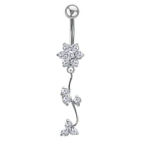 Navelpiercing uit Chirurgisch staal 316L en Zilver 925 met Zirkonia. Schroefdraad:1,6mm. Breedte:9,5mm. Lengte staafje:10mm. bolsluitingen:5mm. Steen/stenen met vatting gefixeerd.  bloem