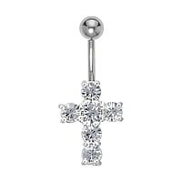 Bellypiercing out of Surgical Steel 316L and Rhodium plated brass with Crystal. Thread:1,6mm. Width:13mm. Bar length:10mm. Closure ball:5mm. Stone(s) are fixed in setting.  Cross