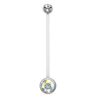 Piercing pour grossesse en Acier chirurgical 316L et Bioplast avec Cristal. Boule de fermeture:5mm. Longueur de la tige:30mm. Pas-de-vis:1,6mm. Diamtre:8mm. Idal pour un piercing de nombril lors de la grossesse.