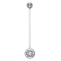 Piercing pour grossesse en Acier chirurgical 316L et Bioplast avec Cristal. Boule de fermeture:5mm. Longueur de la tige:30mm. Pas-de-vis:1,6mm. Diamtre:8mm. Idal pour un piercing de nombril lors de la grossesse.