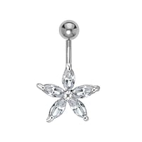 Bellypiercing out of Surgical Steel 316L and Rhodium plated brass with Crystal. Thread:1,6mm. Width:15mm. Bar length:8mm. Closure ball:5mm. Stone(s) are fixed in setting.  Star Flower