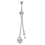 Bellypiercing Surgical Steel 316L Crystal Rhodium plated brass Lock Key Heart Love