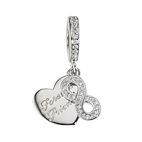 Charm aus Silber 925 mit Zirkonia. Breite:12,5mm. se Quer-Durchmesser:4,5mm. se Lngs-Durchmesser:4,5mm. Stein(e) durch Fassung fixiert. Glnzend.  Herz Liebe Ewig Schlaufe Endlos Unendlich Ewigkeit Unendlichkeit Geflochten Verschlungen 8