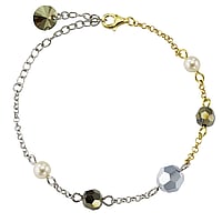 Bracciale di perle in Argento 925 con Rivestimento PVD (colore oro), Perla sintetica di alta qualit con nucleo di cristallo e Cristallo. Lunghezza:15-20cm. Lunghezza variabile.