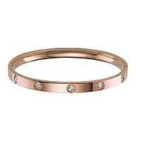 Bangle out of Stainless Steel with PVD-coating (gold color). Width:5,5mm. Diameter:60mm. Shiny. Stone(s) are fixed in setting.