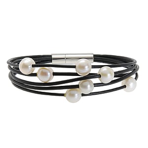 Pearls bracelet Leather Fresh water pearl Stainless Steel