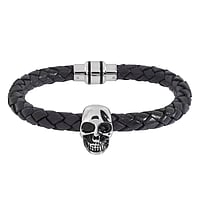 Bracelet out of Leather and Stainless Steel. Cross-section:6mm. Width:17,5mm. With magnet clasp.  Skull Skeleton