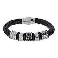 Bracelet out of Leather, Stainless Steel and PVC. Width:12mm. Length:19cm. Cross-section:8mm. With magnet clasp. With rubber ring for fixation.  Tribal pattern Stripes Grooves Rills Lines