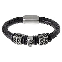 Bracelet out of Leather, Stainless Steel and PVC. Width:12mm. Length:20,5cm. Cross-section:7,5mm. With magnet clasp. With rubber ring for fixation.  Skull Skeleton Flower
