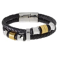 Bracelet out of Leather, Stainless Steel and PVC with Gold-plated. Width:18mm. Length:20cm. With rubber ring for fixation.  Stripes Grooves Rills Lines