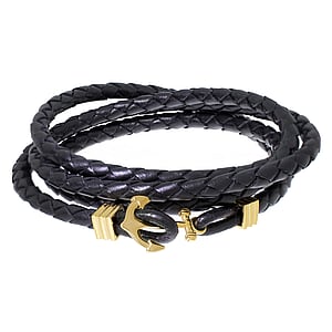 Bracelet Leather Stainless Steel PVD-coating (gold color) Anchor rope ship