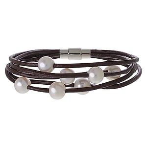 Pulsera de perlas Acero fino Perla de agua dulce Cuero