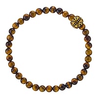 Stone bracelet out of Stainless Steel with Tigers eye and PVD-coating (gold color). Width:11mm. Diameter:6mm. Length:21cm. Elastic.