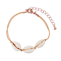 Shell bracelet out of Brass with Sea shell, nylon and PVD-coating (gold color). Length:18-23cm. Adjustable length.