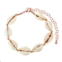 Shell bracelet out of Brass with Sea shell, PVD-coating (gold color) and nylon. Length:19-24cm. Adjustable length.