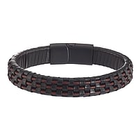 Bracelet out of Leather and Stainless Steel with Black PVD-coating. Width:12mm. Length:21cm. With magnet clasp.  Eternal Loop Eternity Everlasting Braided Intertwined 8