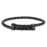 Bracelet out of Leather and Stainless Steel with Black PVD-coating. Width:11mm. Length:13-21cm. Adjustable length. Shiny.