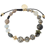 Stone bracelet out of Stainless Steel with nylon, PVD-coating (gold color), Natural stone and Crystal. Width:6-10mm. Length:17-28cm. Adjustable length.