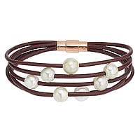Bracelet de perles en Acier inoxydable et Cuir avec Revêtement PVD (couleur or). Largeur:20mm. Avec fermoir magnétique.
