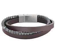 Armband uit Leer en Staal met Hematiet. Lengte:21cm. Breedte:20mm. Mat geslepen. Met magneetsluiting.