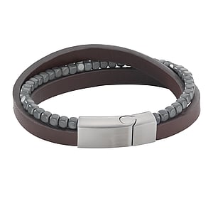 Bracelet Leather Stainless Steel Hematite